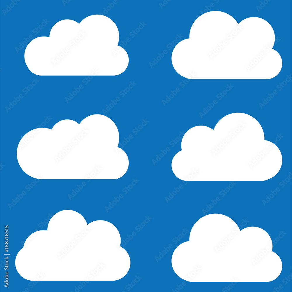 Cloud vector icon set white color on blue background. Sky flat illustration collection for web.