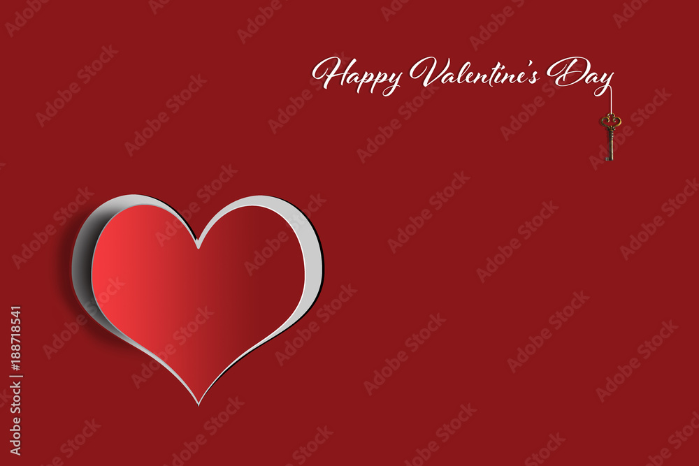 Happy Valentines Day card with heart and key on red background
