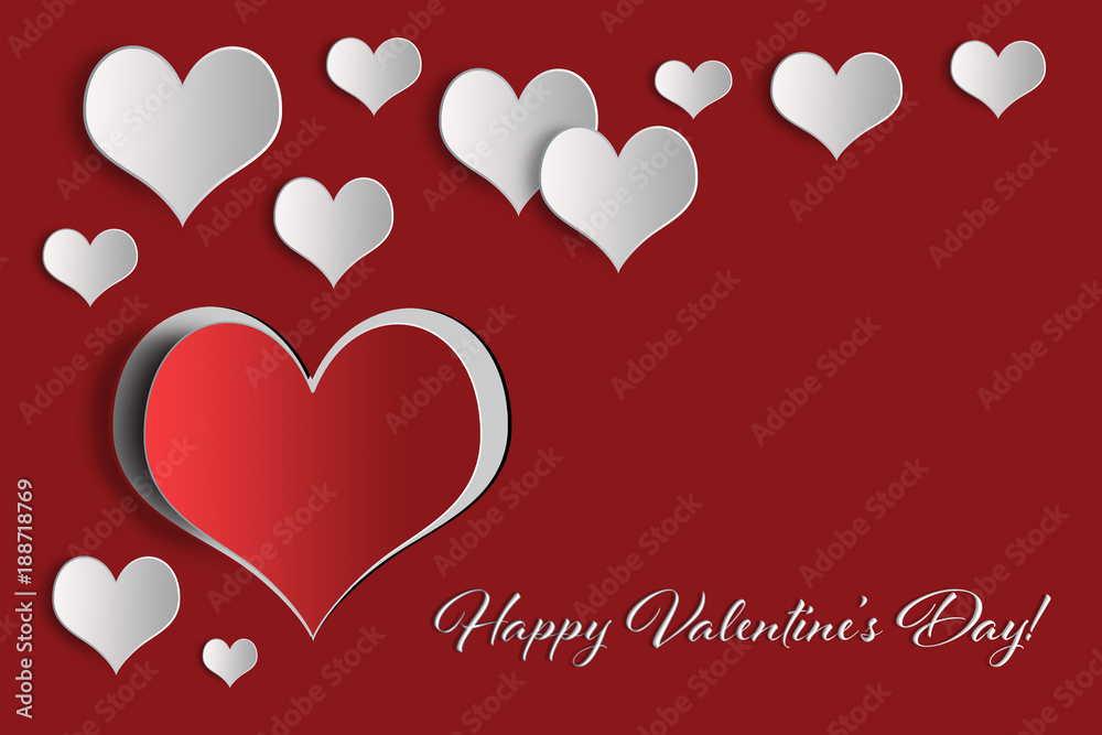 Happy Valentines Day card with paper hearts on red background