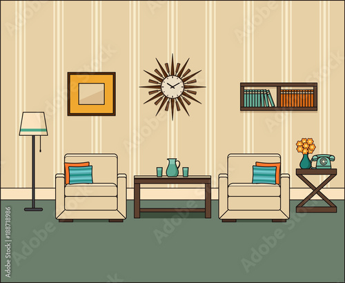 Room interior in flat design. Retro living room in line art. Linear vintage illustration. Vector graphics. Thin line home space with armchairs, telephone and coffee table. House equipment 1960s. 