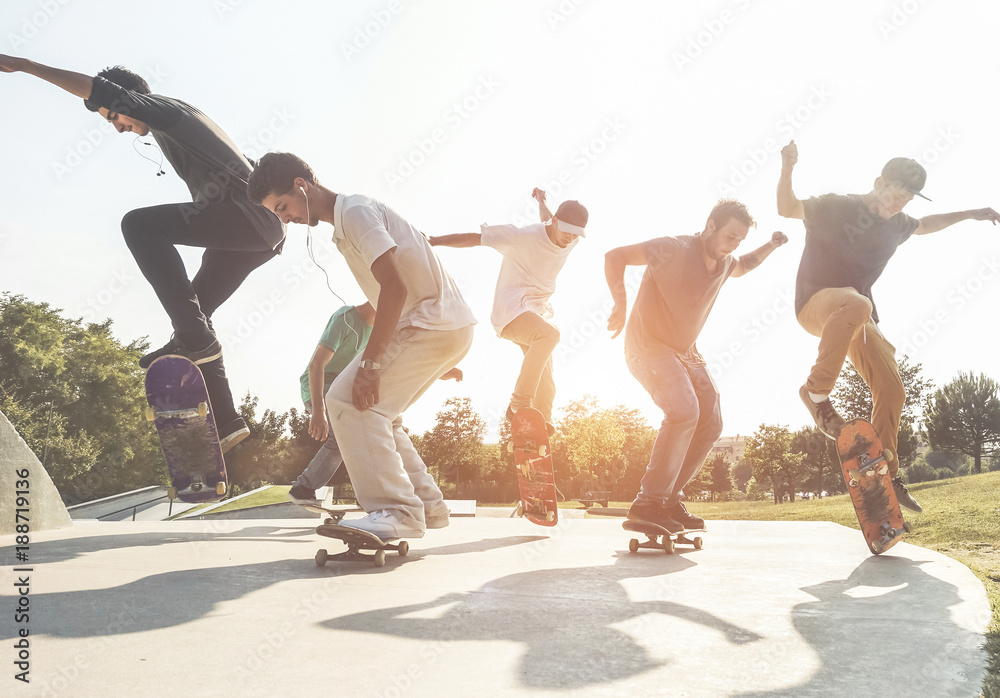 Photography Poster Skaters jumping with skateboard in city suburb