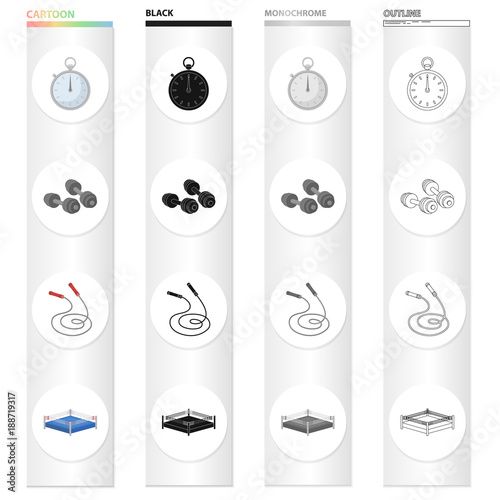 Stopwatch, dumbbells and a skipping rope for training, boxing ring. Boxing set collection icons in cartoon black monochrome outline style vector symbol stock illustration web.