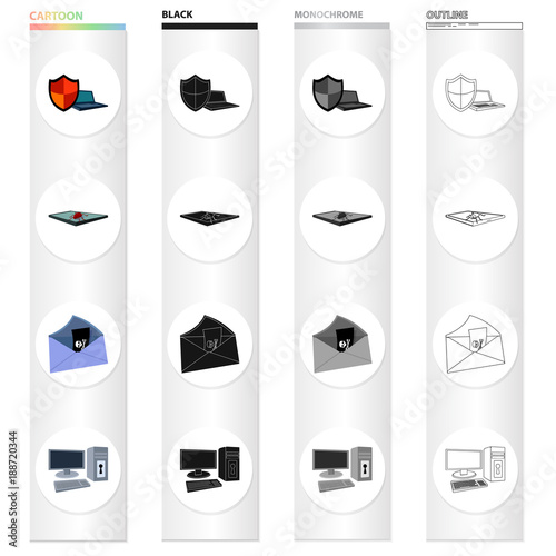 Shield for computer, virus and tablet, hacking of mail, computer equipment on the lock. Hacker and hacking set collection icons in cartoon black monochrome outline style vector symbol stock