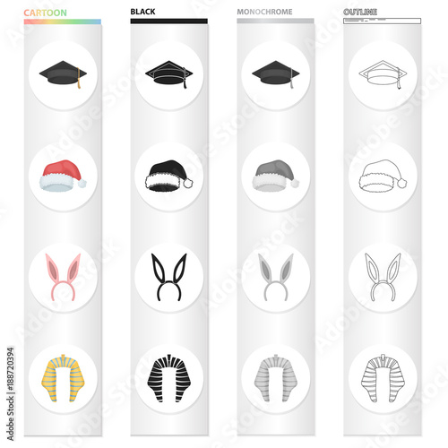 The judge's hat, the scientist, Santa's cap, the hoop with the rabbit's ears, the nemes of the pharaoh. Hats set collection icons in cartoon black monochrome outline style vector symbol stock