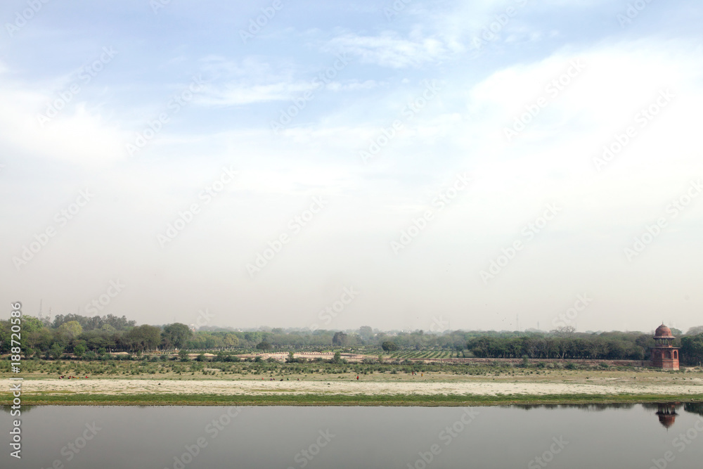 Mehtab bagh on the other side of river Yamuna, a view from Taj Mahal complex, Agra, India