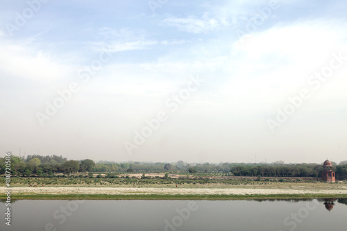 Mehtab bagh on the other side of river Yamuna, a view from Taj Mahal complex, Agra, India