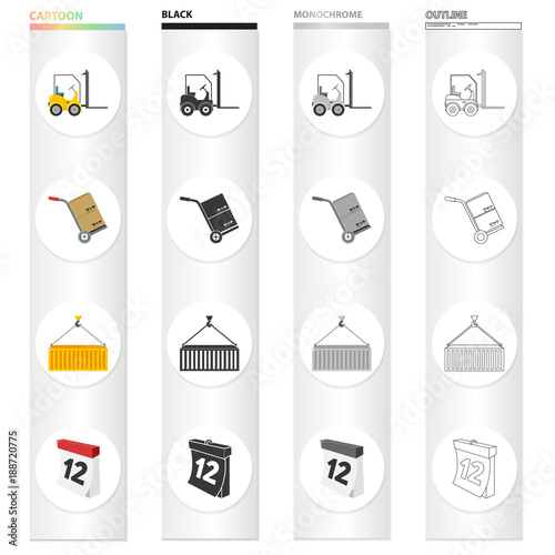 Equipment, mail, transportation and other web icon in cartoon style.Date, time, transport icons in set collection.
