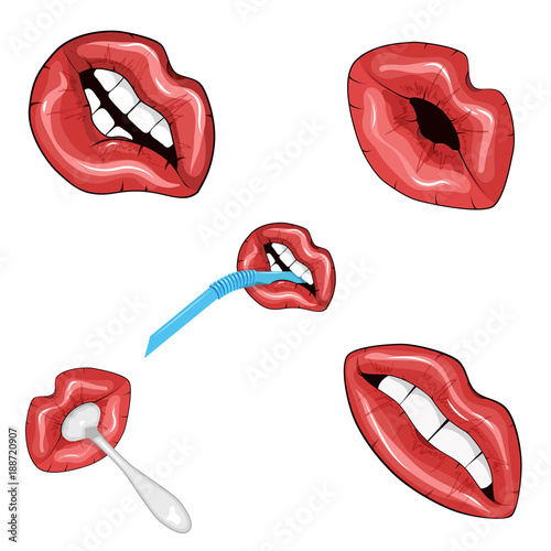 Set of five images of red shiny lips. Vector illustration