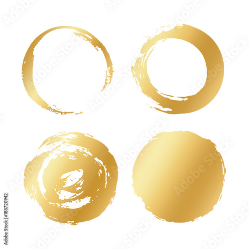 Vector set of gold different round brush strokes. Circle black frame painted. Abstract vector design element