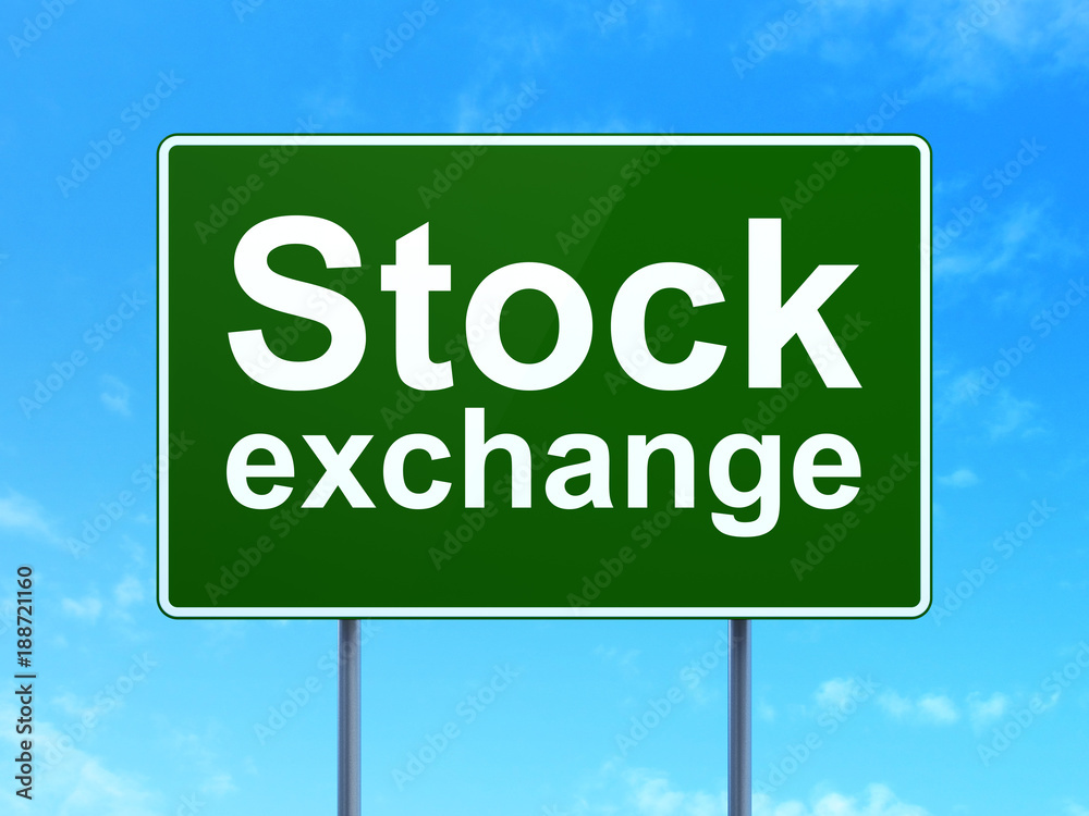 Business concept: Stock Exchange on green road highway sign, clear blue sky background, 3D rendering Business concept: Stock Exchange on green road highway sign, clear blue sky background, 3D rendering