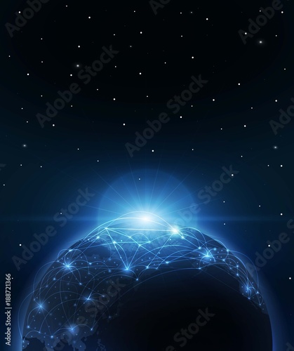 Planet earth with sunrise and technology network. vector illustration