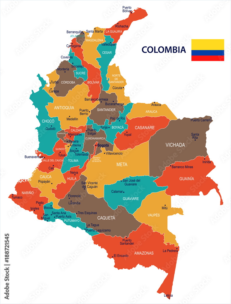 Obraz na plátně Colombia - map and flag Detailed Vector Illustration