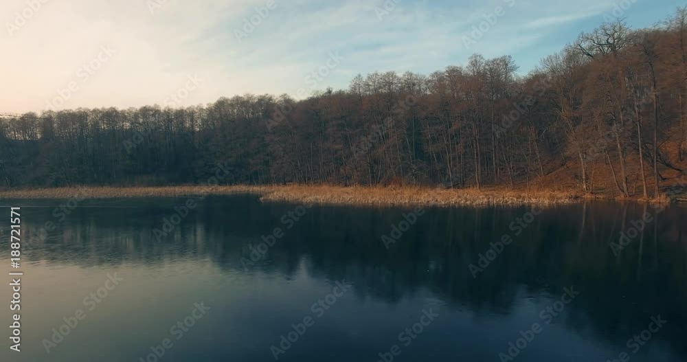Aerial Fly over winter lake. Trees without leaves and reflection on the water Aerial Fly over winter lake. Trees without leaves and reflection on the water