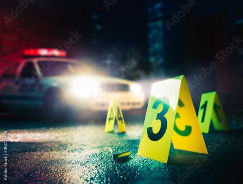 Print op canvas police car at a crime scene with evidence markers, high contrast image