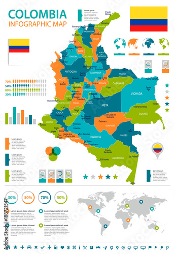 Obraz na plátně Colombia - infographic map and flag - Detailed Vector Illustration