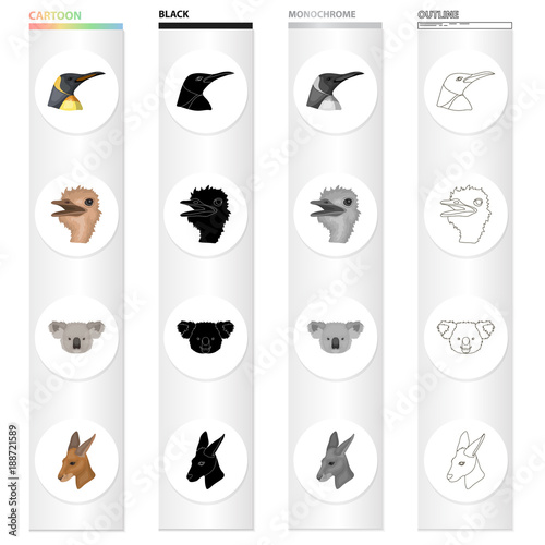 Wild animal bird, penguin, ostrich, emu, koala, kangaroo,. Realistic animal set collection icons in cartoon black monochrome outline style vector symbol stock illustration web.
