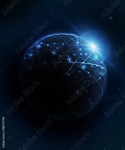 Planet earth with sunrise and technology network. vector illustration