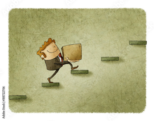 businessman with a box is climbing a few steps. concept of rise to success