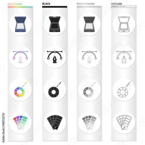 Scanning, printing, ordering and other web icon in cartoon style.Color, ink, drawing icons in set collection.,