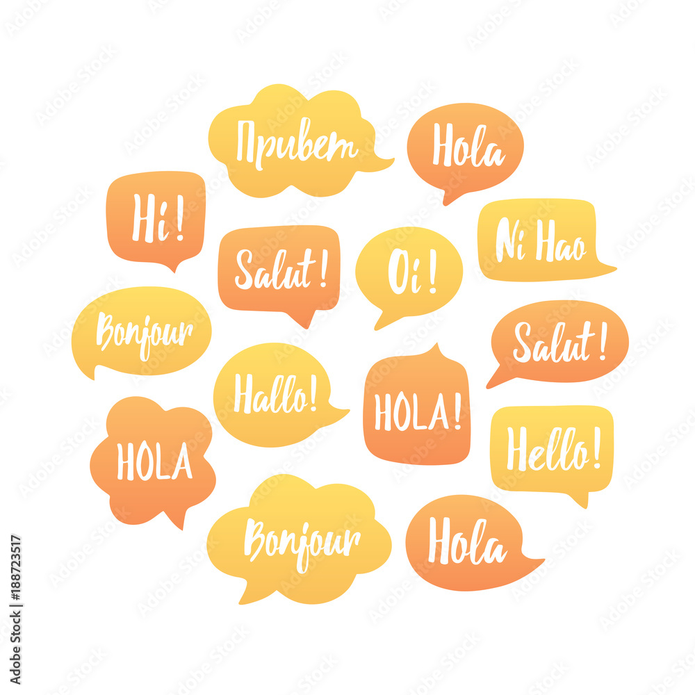 Yellow and orange Speech bubbles illustration in circle. Vector background  of bubbles with word hello in different languages: hi, hallo, hola etc.  Communication people concept. Vector illustration Stock Vector | Adobe Stock