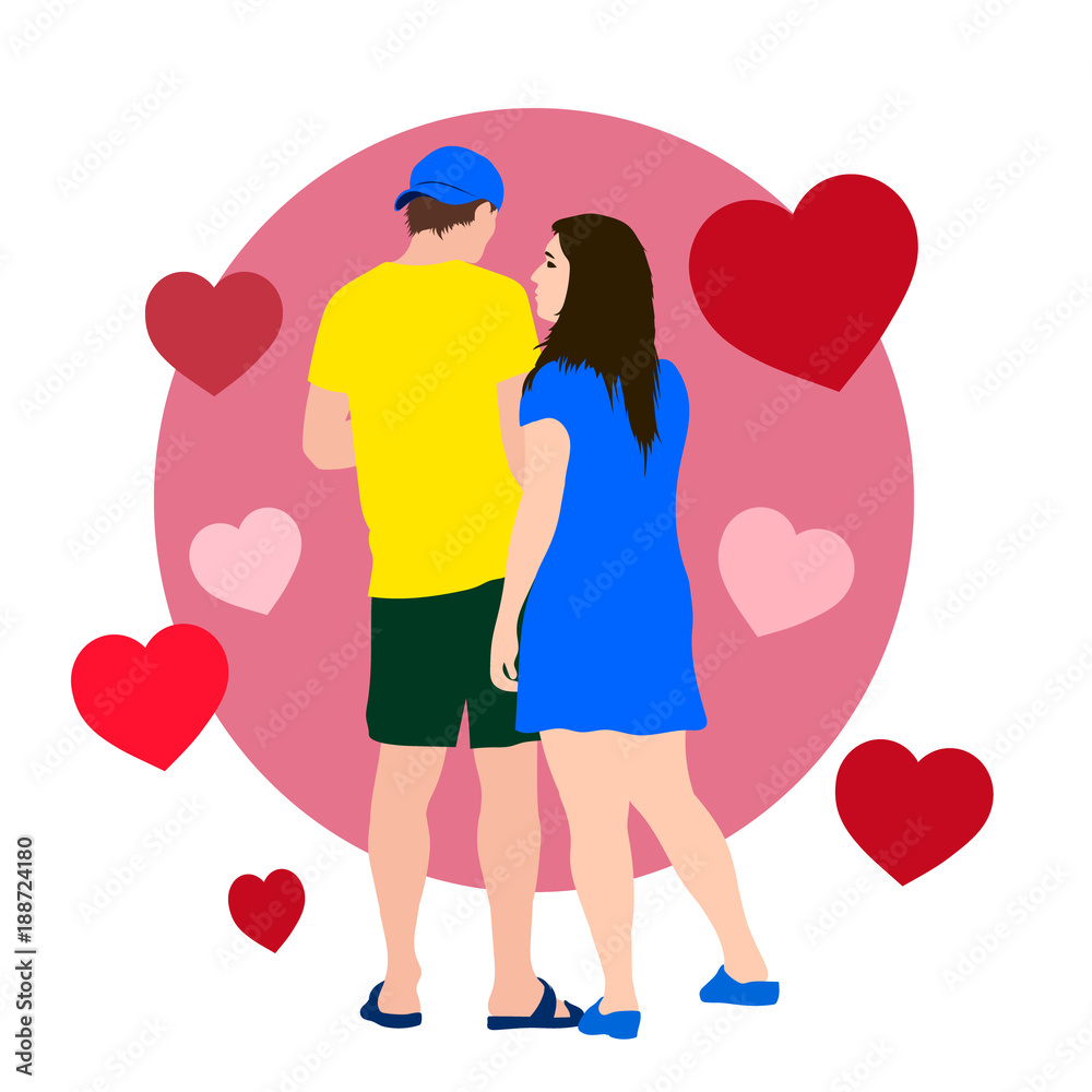 Man and woman in love are standing together and ornament of heart. Couple in love Vector illustration for Valentine's Day Man and woman in love are standing together and ornament of heart. Couple in love Vector illustration for Valentine's Day