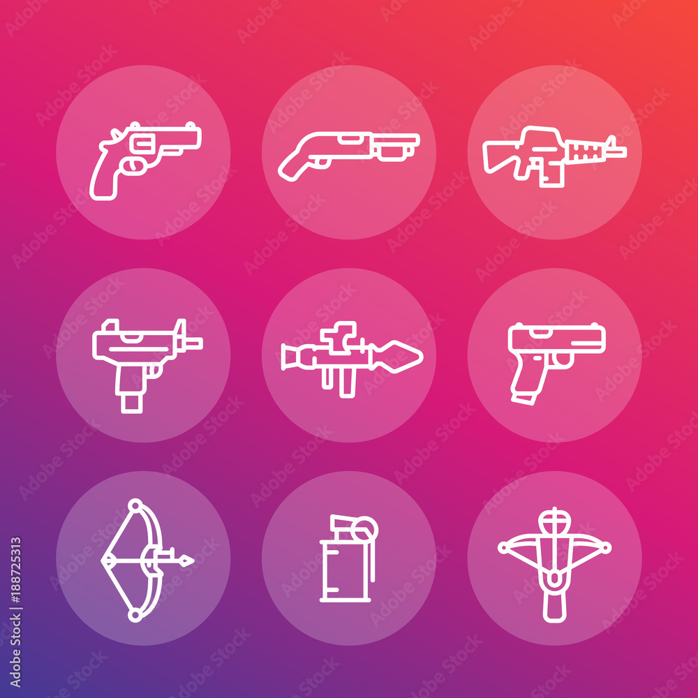 weapons line icons set, pistol, submachine gun, assault rifle, revolver, shotgun, grenade, rocket launcher weapons line icons set, pistol, submachine gun, assault rifle, revolver, shotgun, grenade, rocket launcher