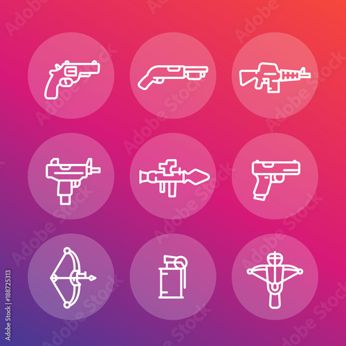 weapons line icons set, pistol, submachine gun, assault rifle, revolver, shotgun, grenade, rocket launcher