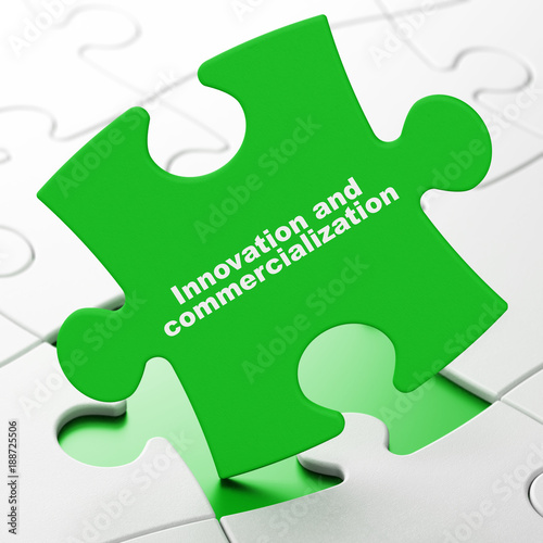 Science concept: Innovation And Commercialization on Green puzzle pieces background, 3D rendering