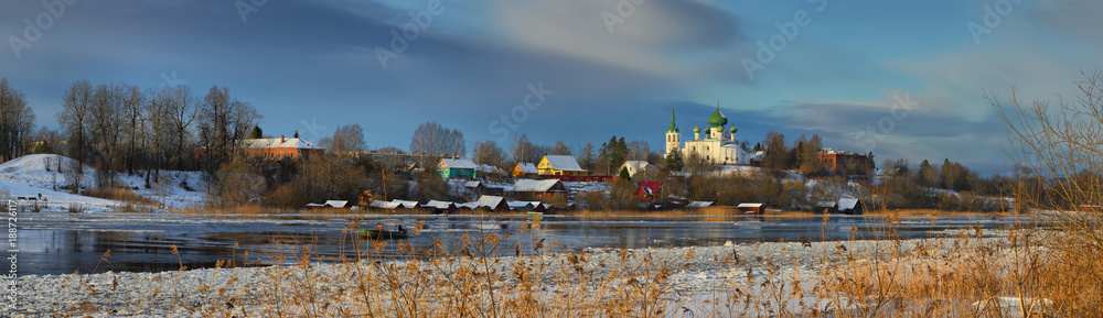 Orthodox Church on the Bank of the Volkhov river in the winter