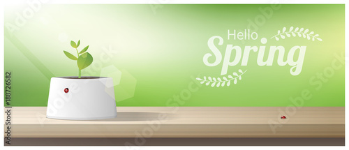 Hello Spring background with young sprout growing in a pot on wooden table top , vector , illustration