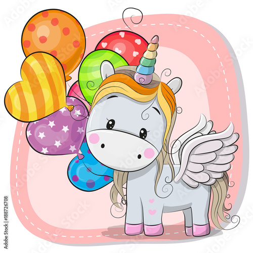 Fototapeta Cute Cartoon Unicorn with balloon