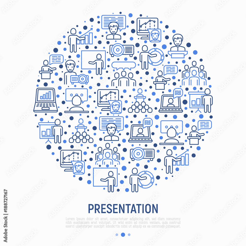 Presentation concept in circle with thin line icons: seminar, human at tribune, meeting, projector, audience, video call, conference, discussion. Modern vector illustration for print media, web page. Presentation concept in circle with thin line icons: seminar, human at tribune, meeting, projector, audience, video call, conference, discussion. Modern vector illustration for print media, web page.