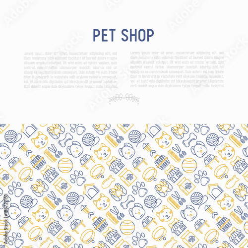 Pet shop concept with thin line icons: cat, dog, collar, kennel, grooming, food, toys. Modern vector illustration, web page template.