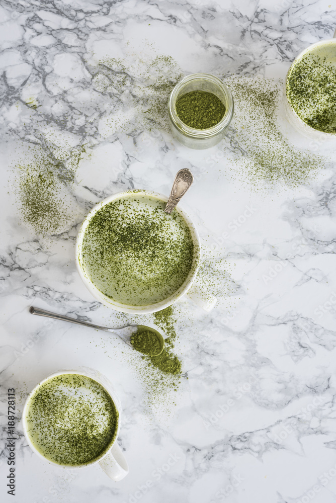Green Matcha Latte on Marble Table Green Matcha Latte on Marble Table