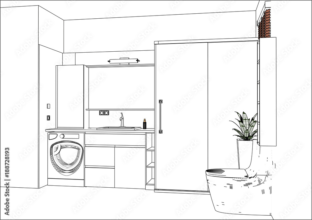 Hand drawn sketch. Linear sketch of an interior. Part of the bathroom.  Vector illustration Stock Vector by ©nadiia.kud.gmail.com 155958160