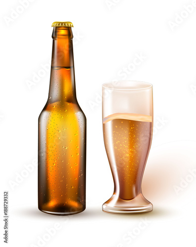 Vector realistic beer bottle, glass mockup 3d