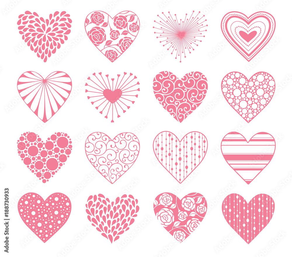 Decorative hearts with ornament isolated on white background. Design elements collection for Valentines Day. Hand drawn valentine day pink hearts set.