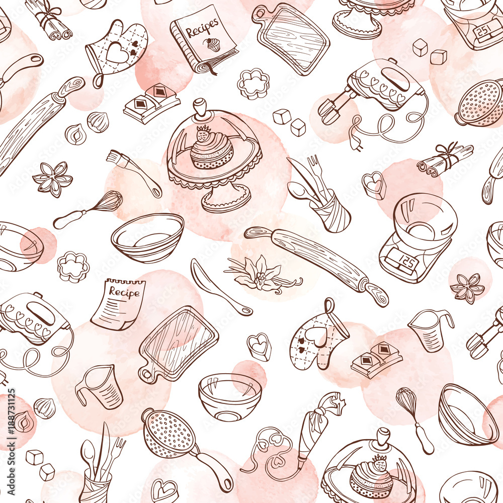 Baking doodle background. Vector seamless pattern with kitchen tools. Hand drawn baking utensils. Cooking tools with watercolor spots on background. Watercolor vector texture.