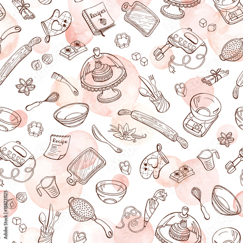 Baking doodle background. Vector seamless pattern with kitchen tools. Hand drawn baking utensils. Cooking tools with watercolor spots on background. Watercolor vector texture.