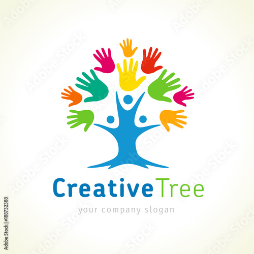 Creative tree colored hands logo template. People tree unity emblem for kids education. Family care tree vector design illustration