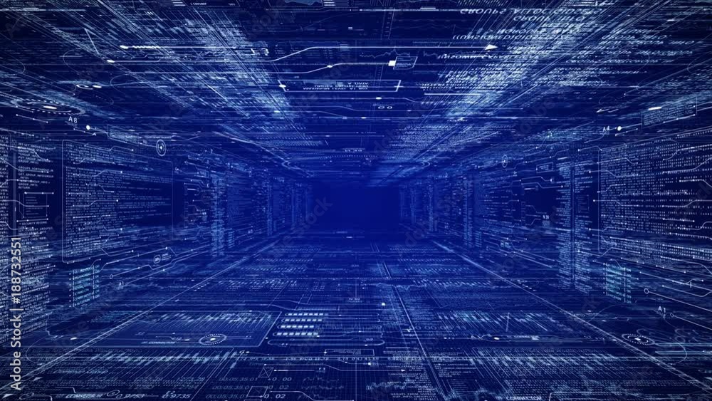 Sci Fi Tunnel.Camera moves through HUD interface with programming data code text and futuristic HUD elements.Good for tech titles and background, news headline business intro.Blue Out of Space.