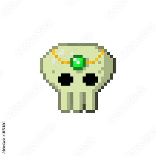 Pixel artifact skull with gem for games and websites