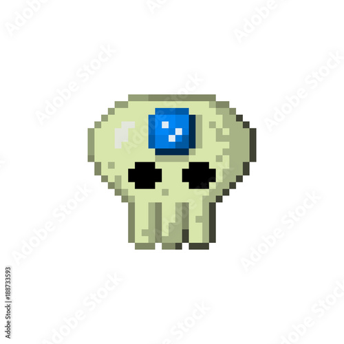 Pixel artifact skull with gem for games and websites