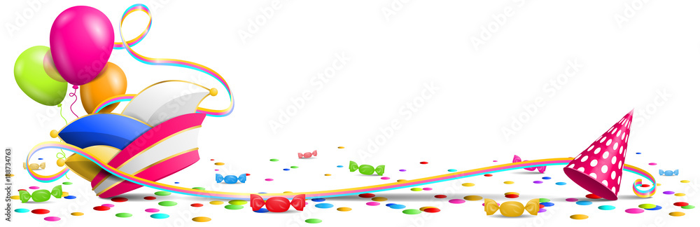 Karneval Fasching Konfetti Narren Kappe Luftballons Luftschlangen  Dekoration Stock Vector | Adobe Stock