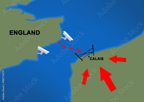 2d Illustration explaining situation in the French city Calais with refugee imigrant problem/crisis and England/Britain spending 50 million euros for security measures in France - Calais photo