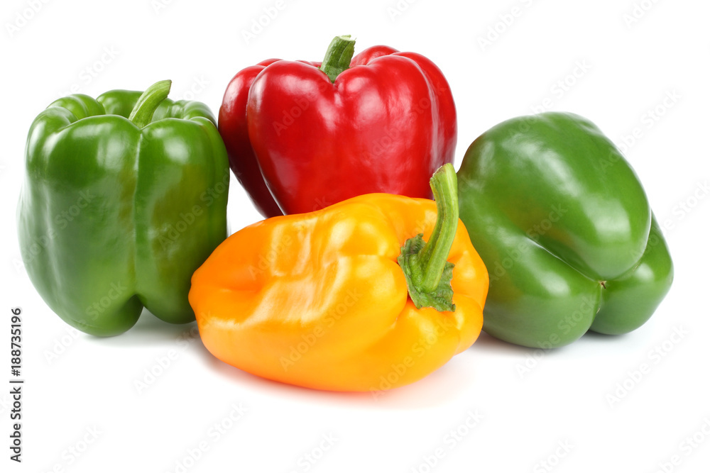 green, red, yellow sweet bell peppers isolated on white background green, red, yellow sweet bell peppers isolated on white background