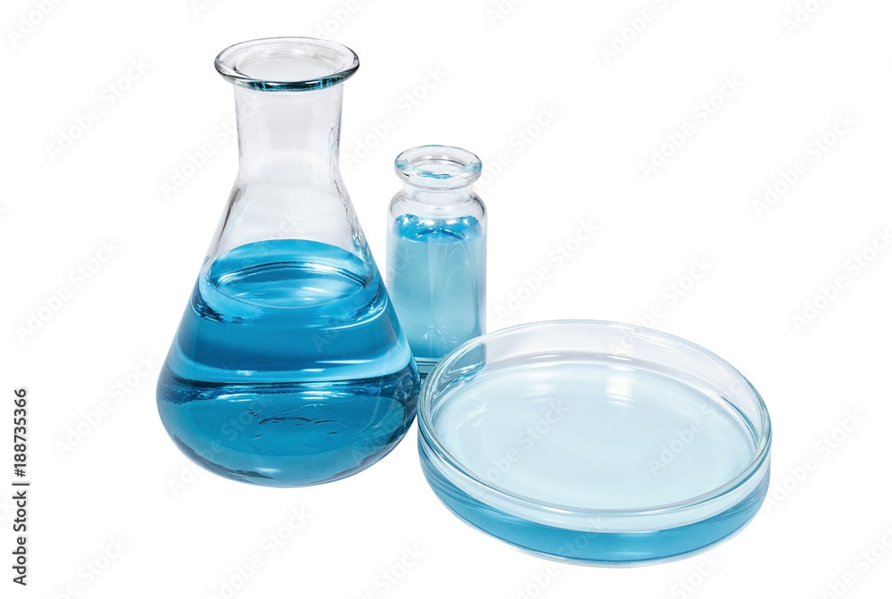 Medical vial, petri dish, and bulb with blue liquid Medical vial, petri dish, and bulb with blue liquid
