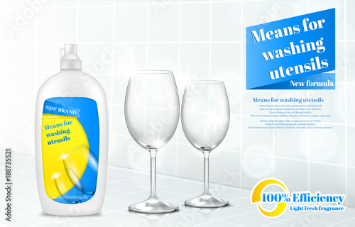 Vector dishwashing detergent advertising template. Realistic 3d plastic bottle of liquid cleanser soap, glasswine on tile kitchen background. Packaging, branding design for product promotion.