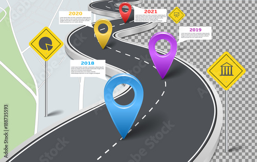 Vector company corporate milestone, history timeline, business presentation layout, infographic strategic plan workflow, navigation background. Car road marks, pointers, yellow signs concept template