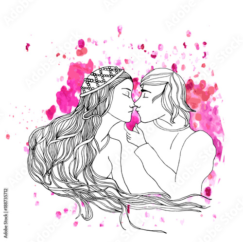 Vector kissing couple in doodle style on doodle background. Can be used as card, invitation, background, adult coloring book. Hand drawn style. Wedding invitation. Zentagle. st. Valentine's day card.